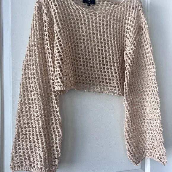 Vici Tan Crochet Cropped Sweater Beach Cover Up - Picture 4 of 7